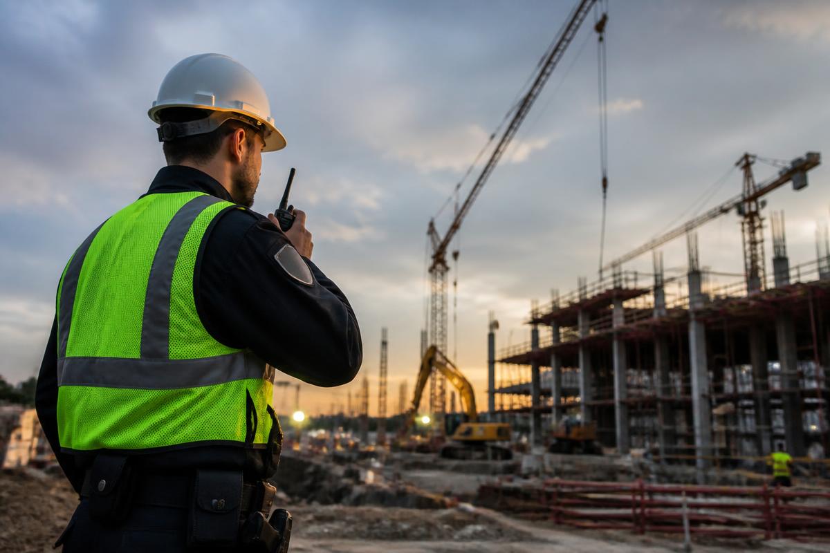 Agent de sécurité casqué surveillant un chantier de construction au crépuscule
