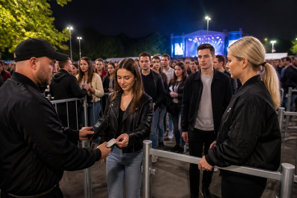 Agents de sécurité contrôlant les billets à l'entrée d'un concert en plein air le soir