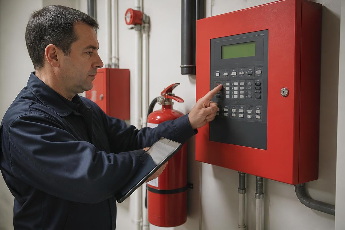 Agent de sécurité incendie contrôlant un tableau d'alarme incendie dans un local technique